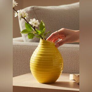 Mid-Century Modern Yellow Ribbed Ceramic Vase, Studio Pottery, Boho Decor, 6”